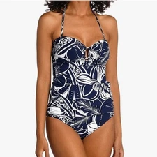 La Blanca The Playa Shirred Floral Tankini Swimsuit Top Tummy Control Navy 12