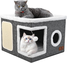 Cat Beds for Indoor Cats, Large Cat Cave Bed with Scratch Pad and Fluffy Ball, F