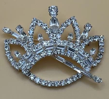 Vintage Crown Scepter Brooch Pin Large Unsigned Clear Rhinestone Silver Tone