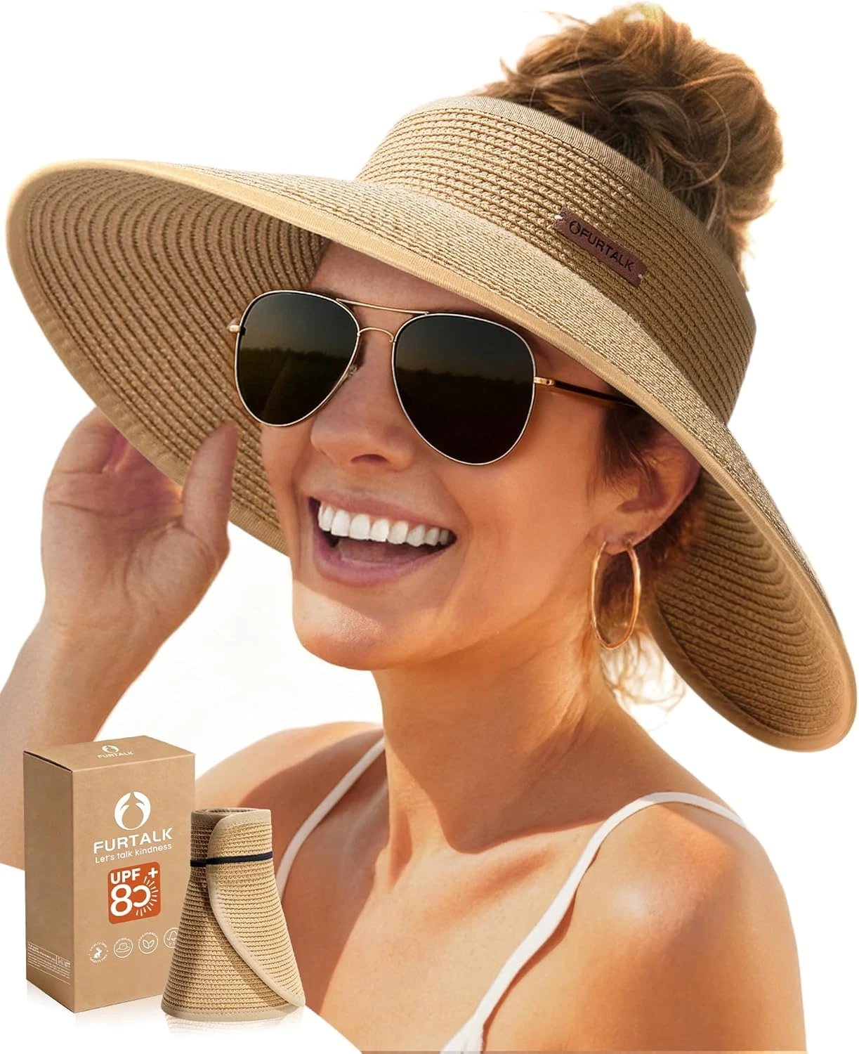Sun Hats for Women Wide Brim Beach Hat Straw Visor Ponytail Summer UV Packable F