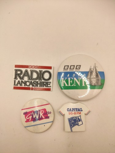 vintage radio memorabilia Pin Badge Lot. Radio Kent, Lancashire, GWR & Capital.
