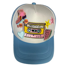 Girls Blue White Trucker Hat Music Graphic Em...