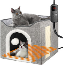 Heated Cat Bed for Indoor Cats, Foldable Cat House with Removable Heating Pad fo