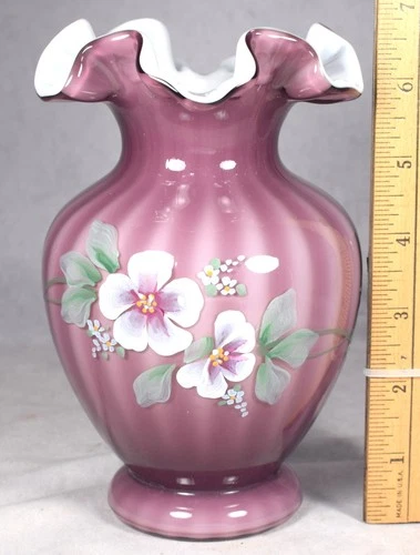 Excellent Lovely 6.75” Fenton Art Glass Vase Hand Painted Floral by S. Hopkins
