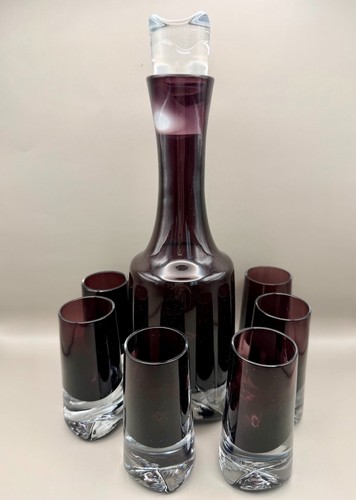 Vintage Scandinavian Amethyst Sommerso Glass Decanter Set 6 Shot Glasses