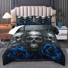 Tuzaovy Gothic Queen Size Bedding Set - Skull Rose Comforter Black Blue Quilt