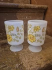 Vintage Milk Glass Pedestal Mugs Meadow Heat Proof USA Set Of 2