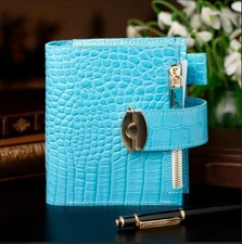 Sky Blue leather notebook cover A7 2 Big rings mini wallet, Mini Planner Binder.