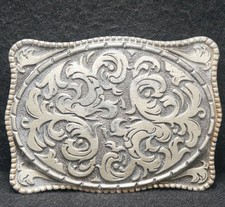 XE11134 SWEET VINTAGE 1970s FLORAL ARTWORK UNISEX FASHION PEWTER BELT BUCKLE