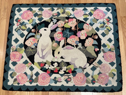 Vintage Claire Murray Bunny Rabbit Strawberry Garden Wool Rug 37 x 31 Lattice