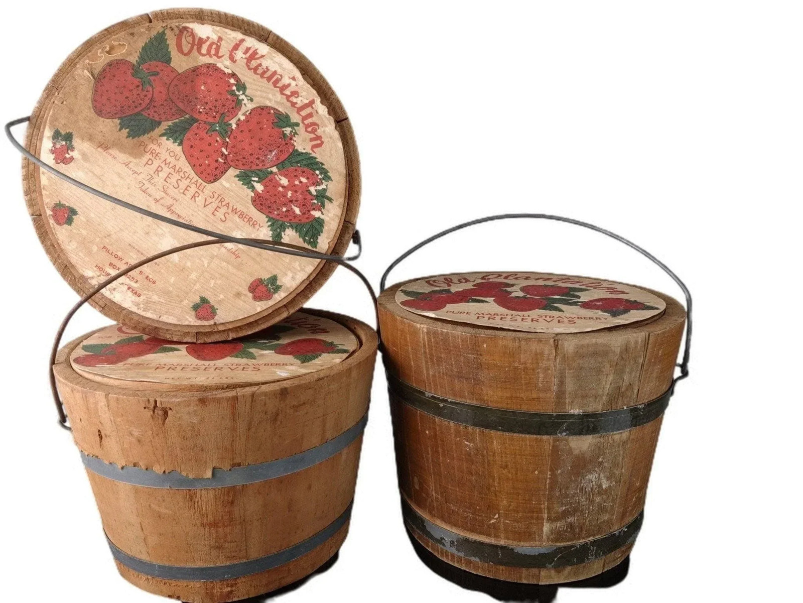 1940's Houston Texas Old Plantation Strawberry Preserves staved wood buckets