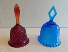 PAIR OF VINTAGE FENTON ART GLASS BELLS - BLUE RIBBED RUFFLED EDGE & RED HOBNAIL