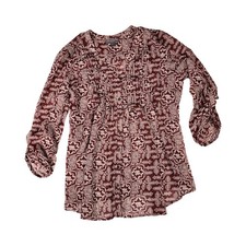 A Pea in the Pod Maternity Blouse Large Burgundy Geometric Pintuck Roll Tab Top