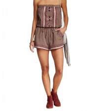 Boho Strapless Brown Romper Aztec Embroidered Trim| Festival Western Free Spirit