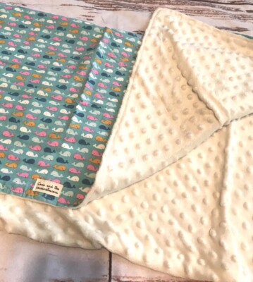 Coco And Bee Baby Blanket Nautical W/ Whales Teal Pink & White Minky Backing
