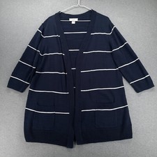 CJ Banks Sweater Womens 1X Blue Stripe 3/4 Sleeve Open Tunic Pockets Made in USA