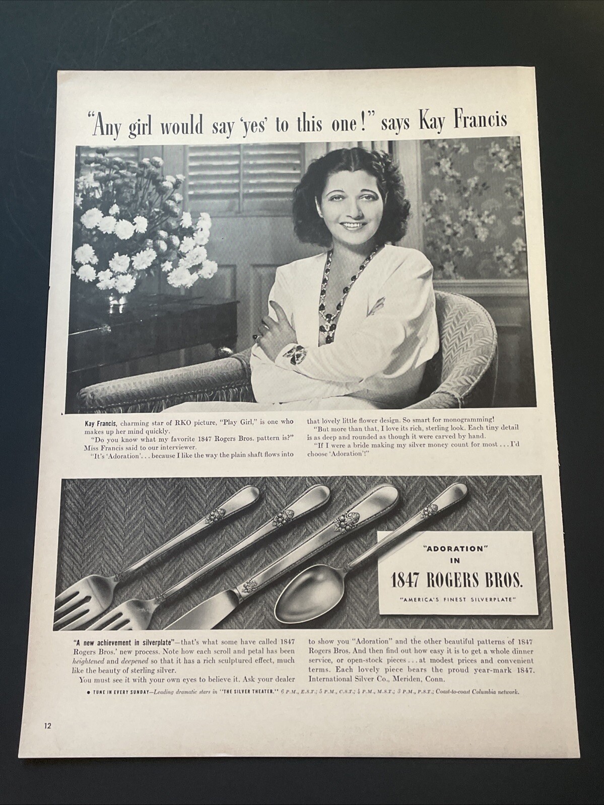 1941 Vintage Roger’s Bros Silverware Ad Featuring Actress Kay Francis