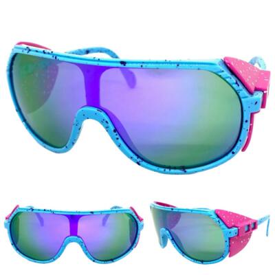 OVERSIZED Retro Sporty Wrap Around Shield SUN GLASSES Large Big Baby Blue Frame