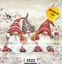 (5522) TWO Paper BEVERAGE / COCKTAIL Decoupage Art Craft Napkin CHRISTMAS GNOMES