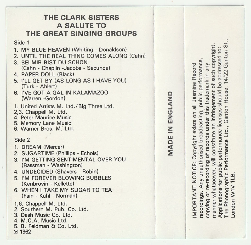 Clark Sisters 'A SALUTE TO THE GREAT SINGING GROUPS' Audio Cassette - UK Jasmine - Image 3 of 4