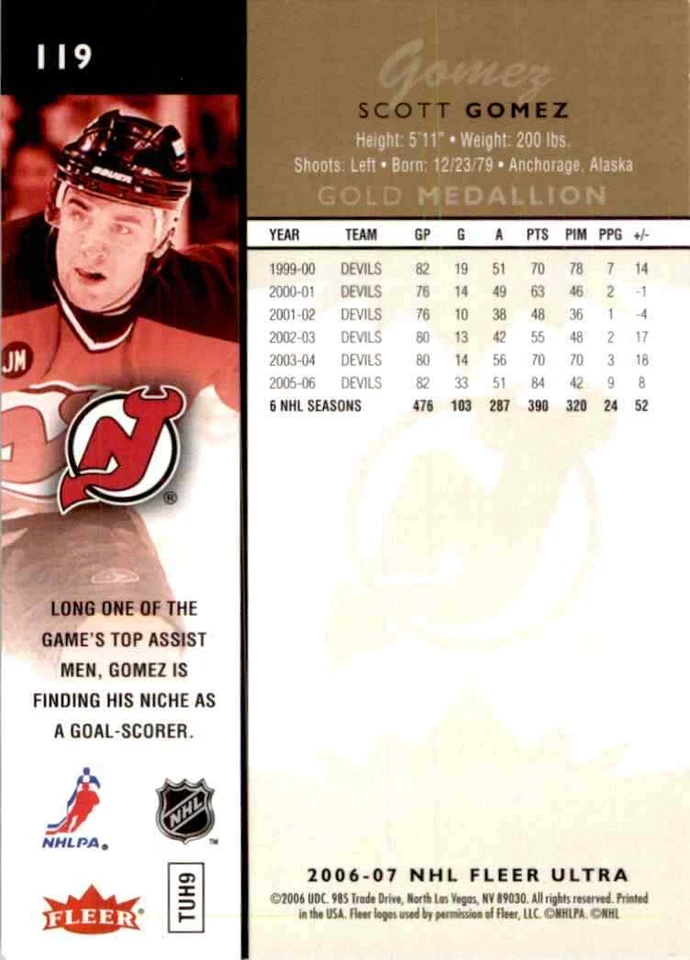 2006-07 Fleer Ultra Gold Medallion Scott Gomez #119 - Image 2 of 2