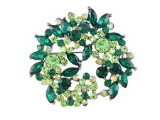 Green Crystal Rhinestone Floral Wreath Brooch Pin