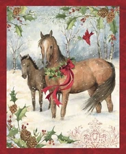 Christmas Horses Pony Cardinal Quilt Top Wall Hanging Panel Fabric Susan Winget
