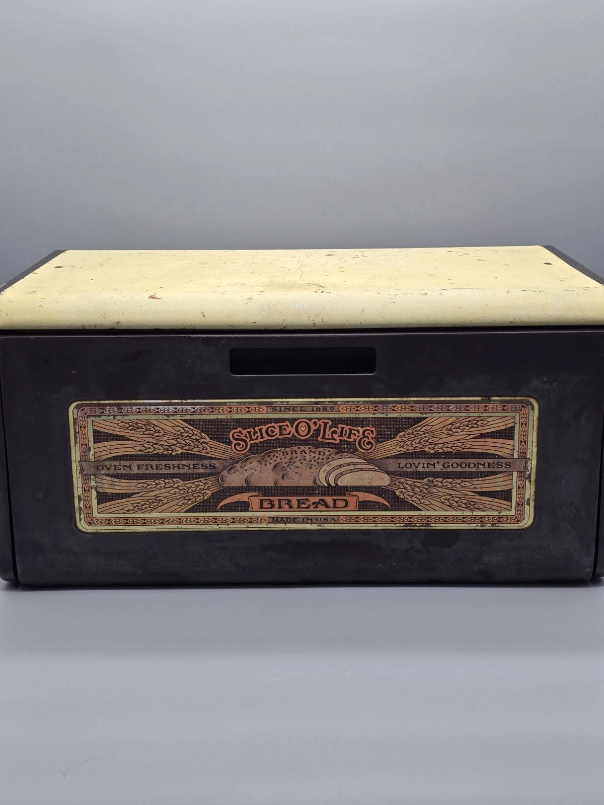 Vintage Lincolnware By Ballonoff Bread Box Yellow & Brown Metal & Plastic USA