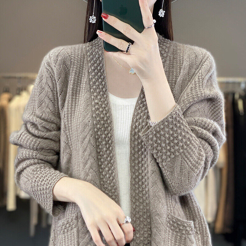 V-neck 100% Wool Cardigan Women Sweater Cashmere Knit Long-sleeved