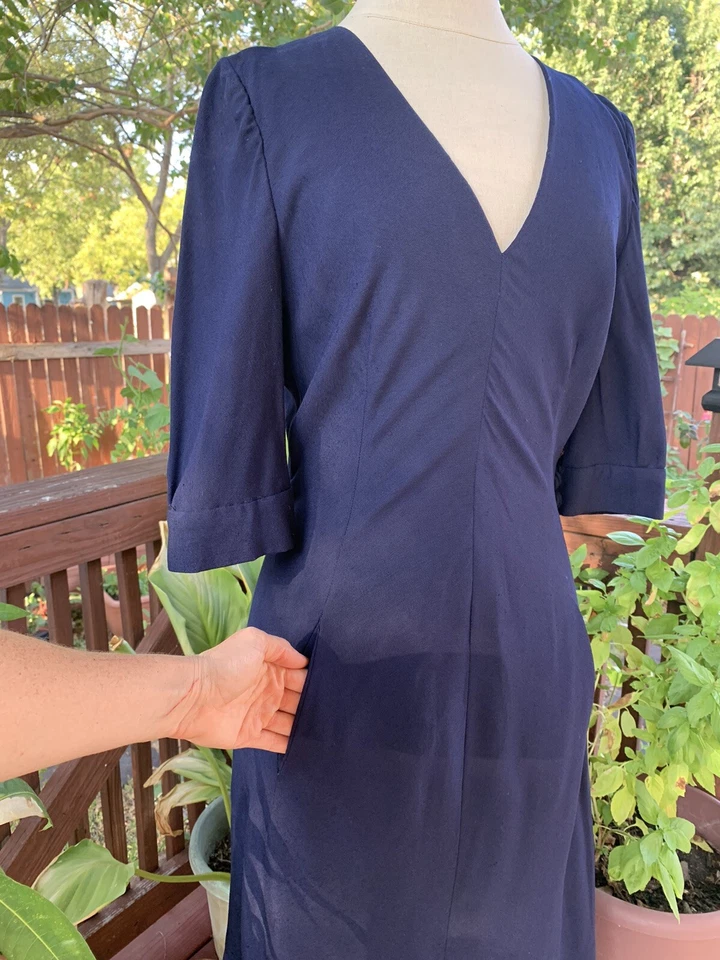 Vestido Vintage Años 70 Pauline Trigere Azul Marino Lino Neiman Marcus Talla 10 Foto 2 de 4