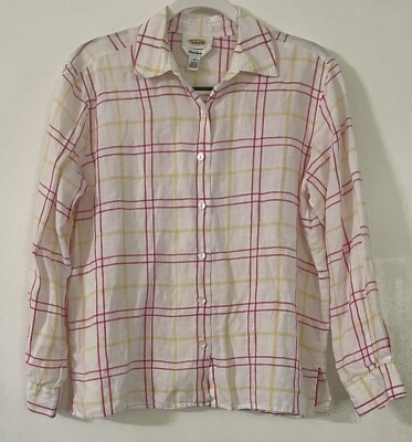 Talbots Womens Blouse Linen White Windowpane Plaid Pink