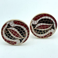 VINTAGE SWANK Mens Cuff Links Red Black White Enamel Mosaic Round Formal Jewelry
