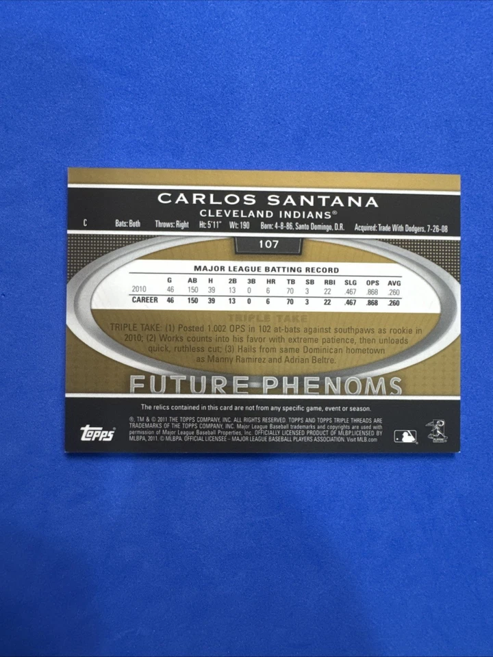 Topps Triple Threads Future Phenoms Gold 2011/25 Carlos Santana #107 automático Foto 3 de 4