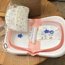 Pink White Foldable Baby Bath Tub with Mesh Support and Accessories