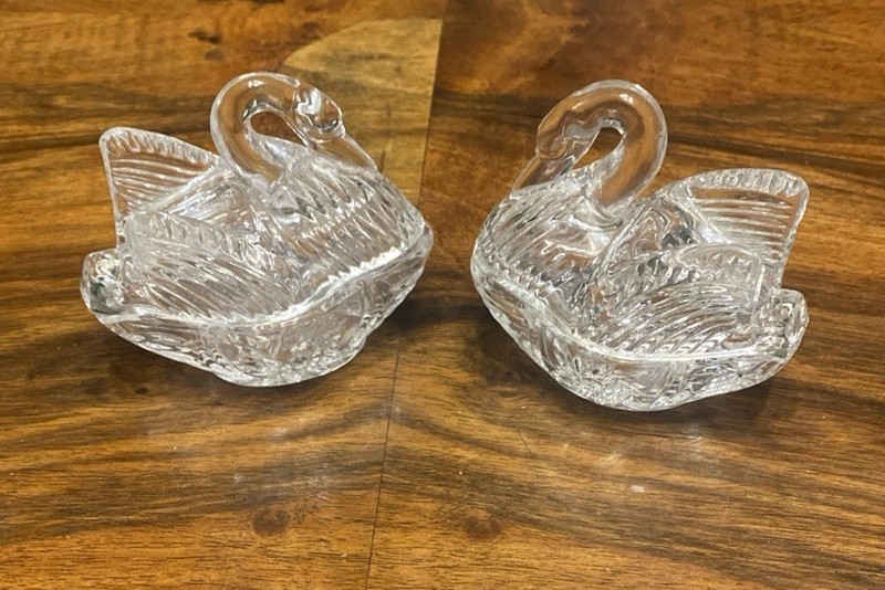 Pair of Vintage Lead Clear Crystal Glass Swan Trinket Dish 3” X 4”