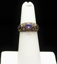 Sterling Silver Two Dark Stones and Purple Gem Ring SZ 5.75 FMF355