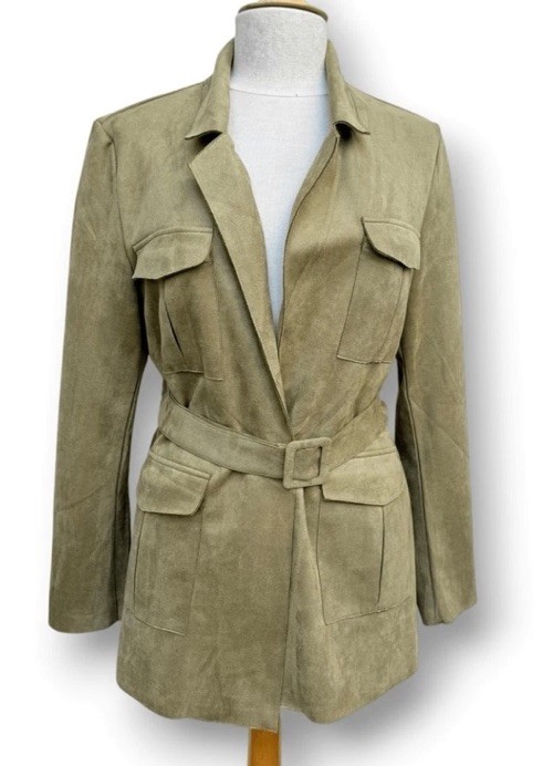 Anthropologie Solitaire Faux Suede Olive Belted Safari Utility Jacket Blazer Med