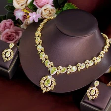 Gold Plated Cubic Zirconia Olive Green Leaf Drop Necklace Earrings Jewelry Set