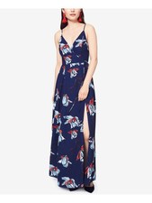 FAME AND PARTNERS Womens Navy Spaghetti Strap Full-Length Wrap Dress 0