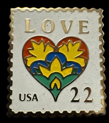 Circa 1987 Love Postage Stamp Enamel Lapel Pin Heart Floral