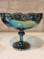 Vintage 1970s Indiana Glass Blue Carnival Garland Pedestal Compote Bowl