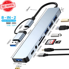 8-in-2 USB Hub USB-C USB 3.0/2.0 SD TF Card Reader 3.5mm Audio Adapter
