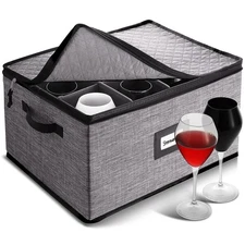 Grey Wine Glass Storage Box For 12 Stemware With Padded Dividers And Handles