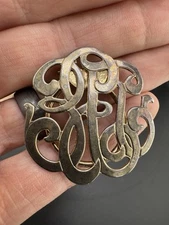 Vintage Monogram Scarf Clip Scroll Letters Shiny Gold Tone Revival Grannycore