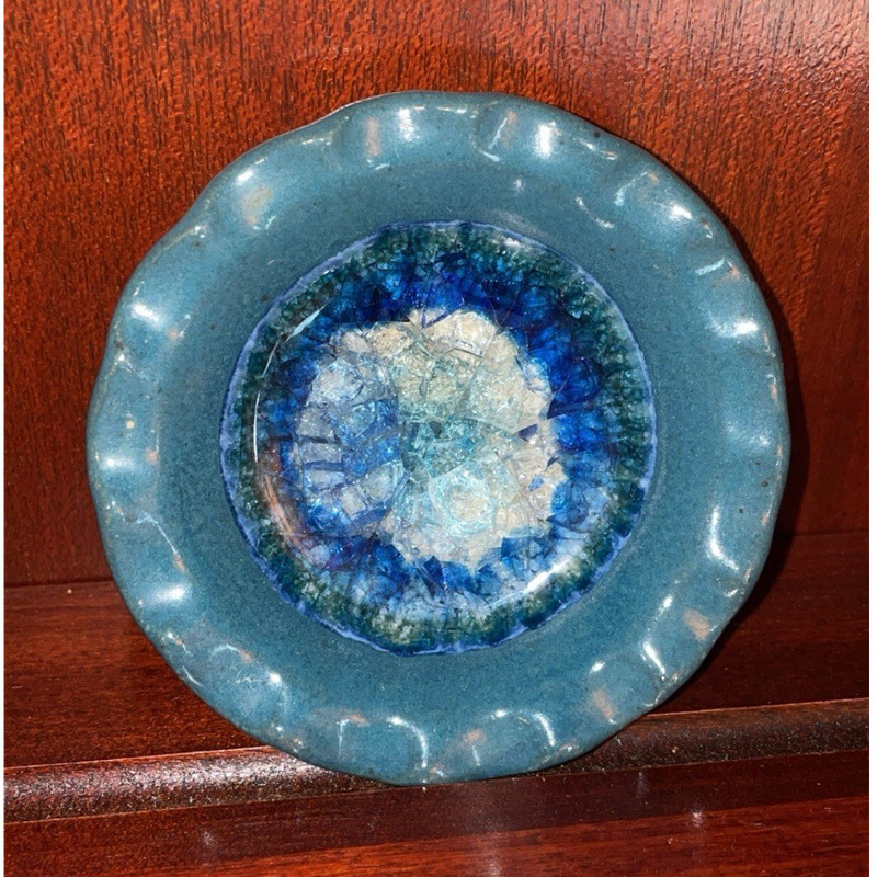 Handmade Teal Pottery Trinket Dish w/ Crackle Glass Inlay, Round