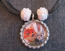 ZOOTOPIA Ribbon Bottle Cap Bling Charm Necklace Bead Judy Hopps & Nick Wilde Fox