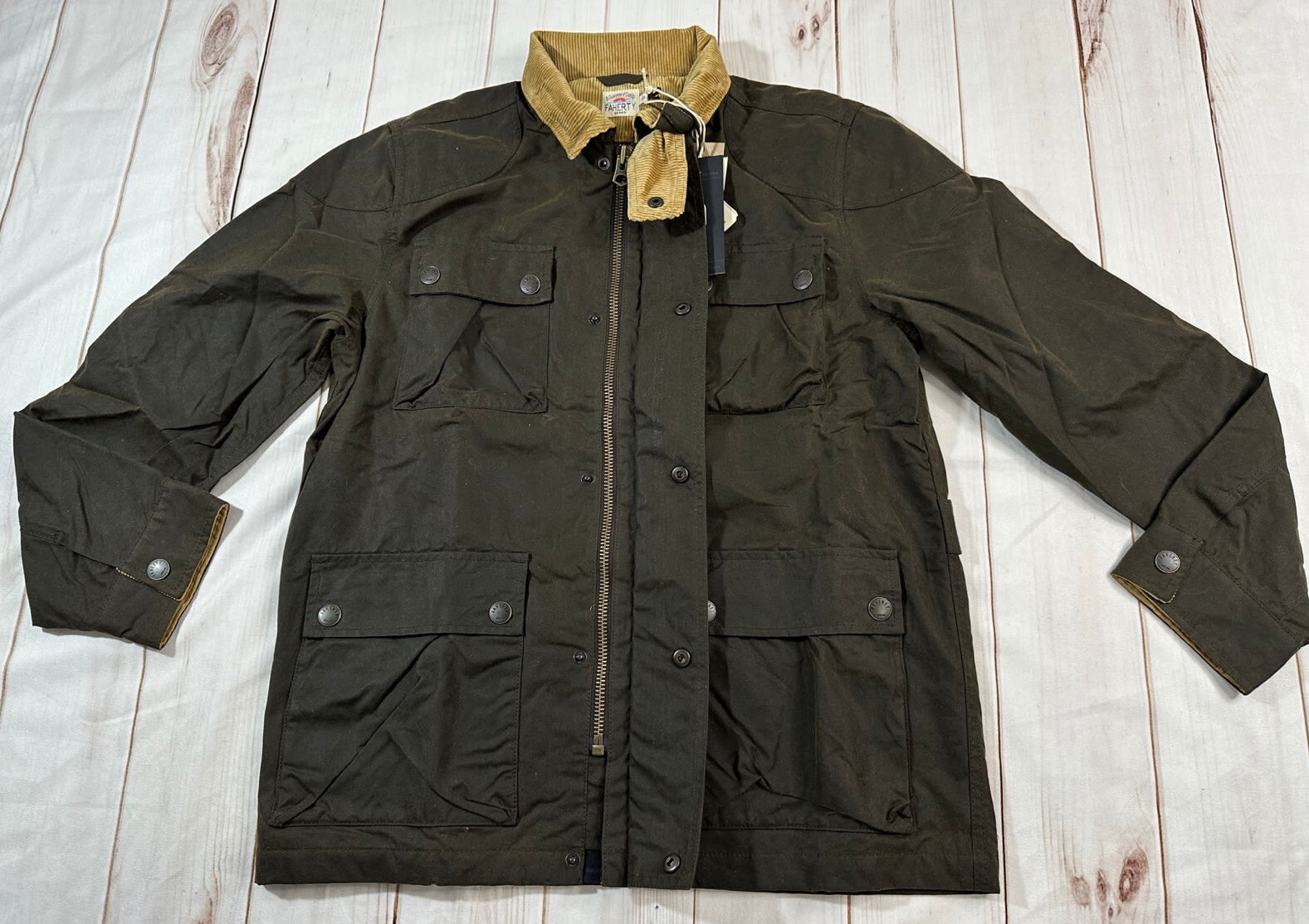 NWT FAHERTY MENS JACKET M AZTEC BLANKET LINED WAXED 4PKT JKT COE CONTRY OLIVE