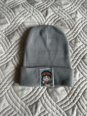 Frida Kahlo w/ Monkey Gray Knit Beanie Hat Adult Size