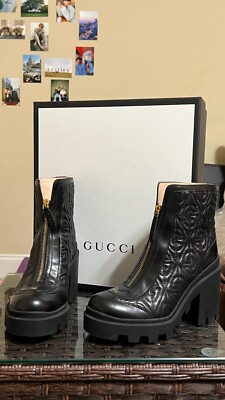 GUCCI leather ankle boots US size 5.5 platform black boots with box 