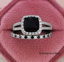 Real Black Onyx 4CT Cushion Cut 925 Silver Engagement Wedding Halo Ring Set